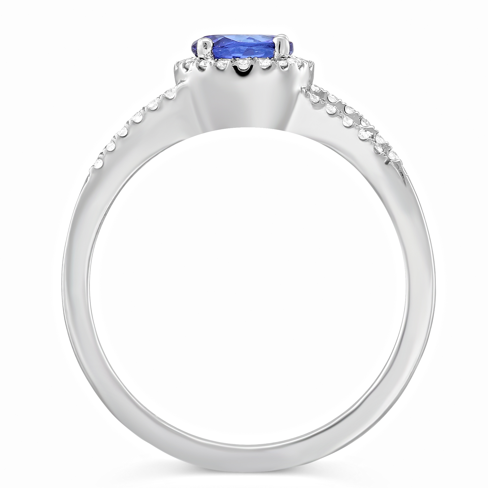 14K White Gold Round Tanzanite & Diamond Halo Split Shank Ring