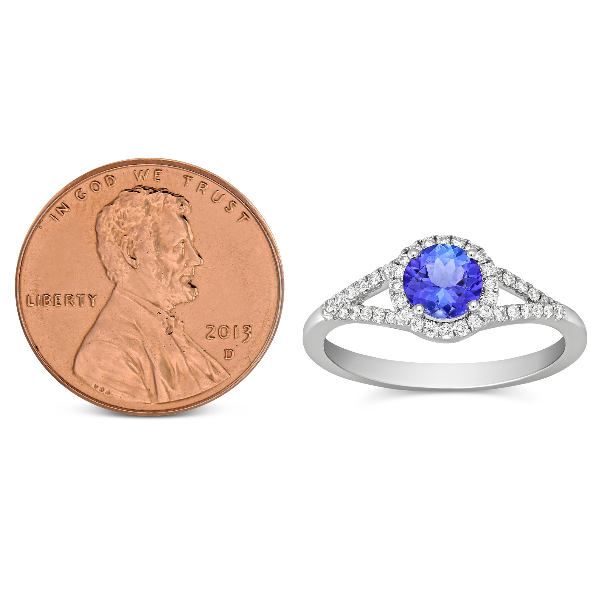 14K White Gold Round Tanzanite & Diamond Halo Split Shank Ring