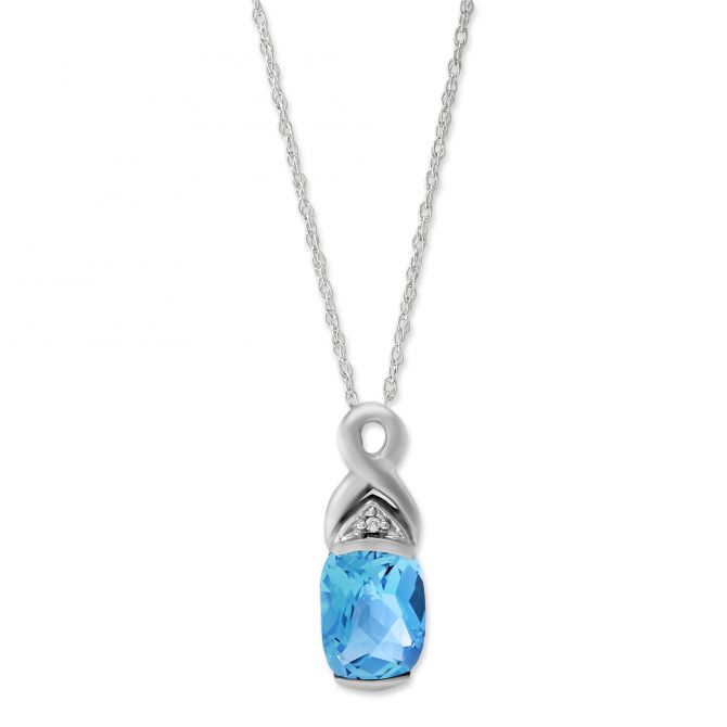 14K White Gold Blue Topaz & Diamond Pendant, 18"