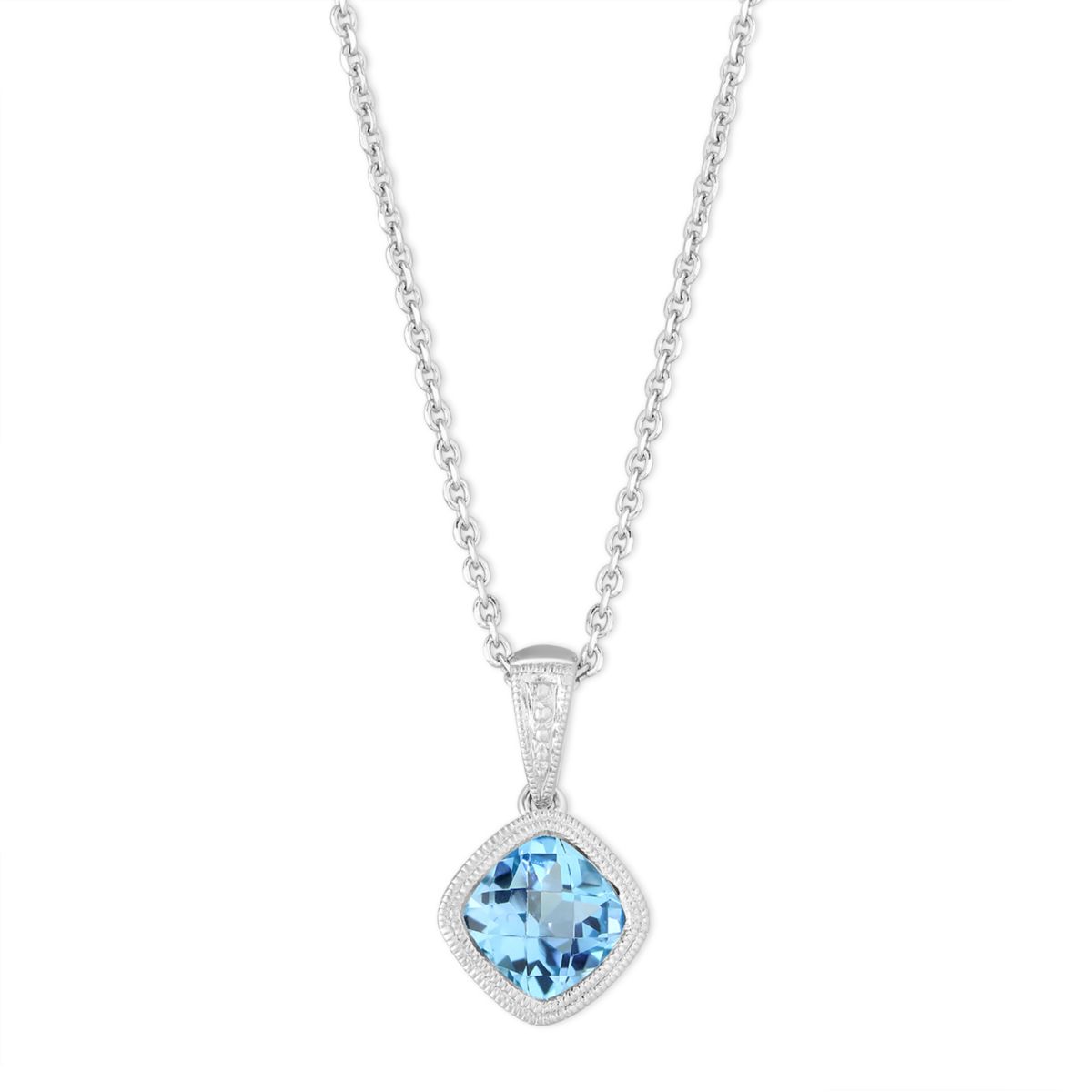 14K White Gold Checkerboard Blue Topaz Pendant, 18