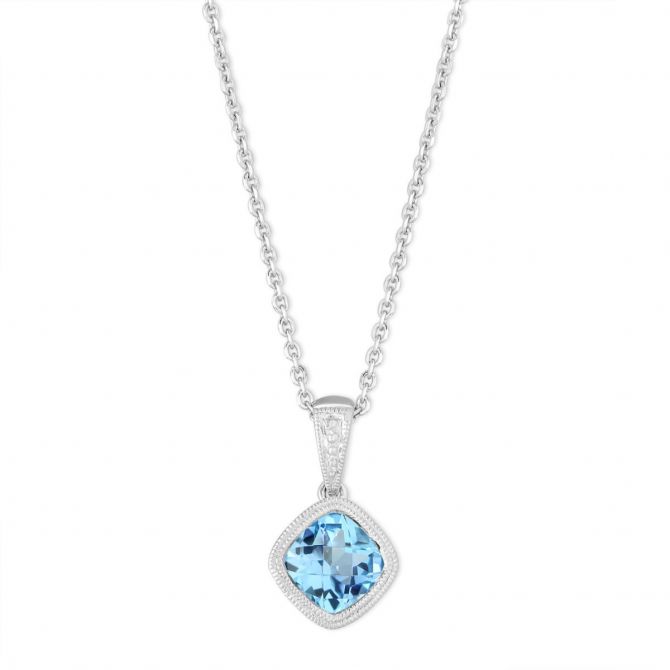14K White Gold Checkerboard Blue Topaz Pendant, 18"
