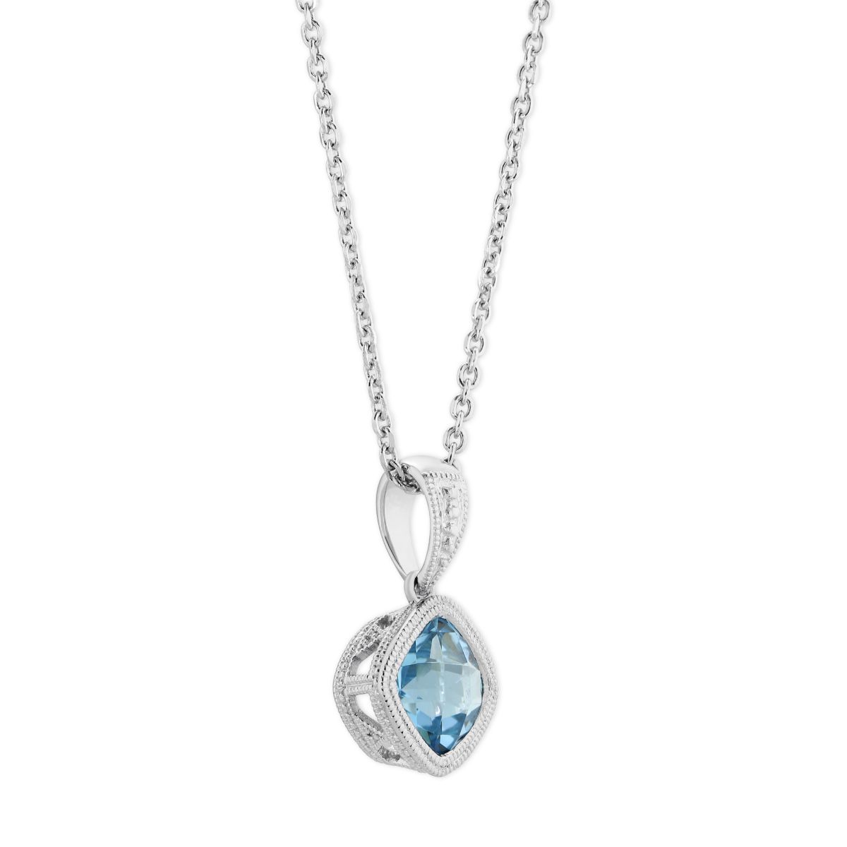 14K White Gold Checkerboard Blue Topaz Pendant, 18