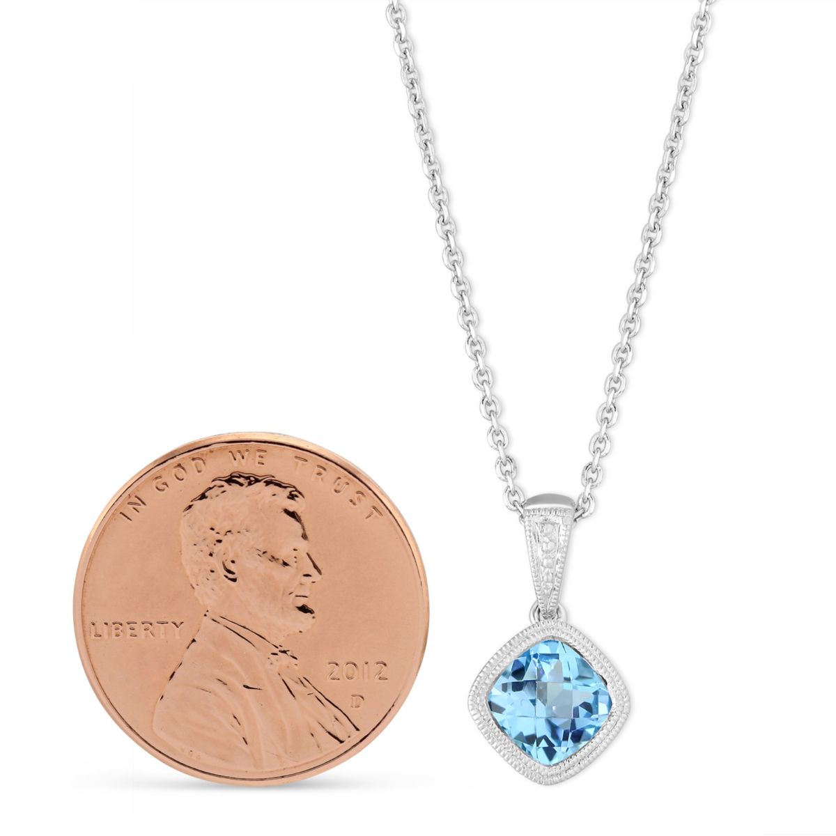 14K White Gold Checkerboard Blue Topaz Pendant, 18