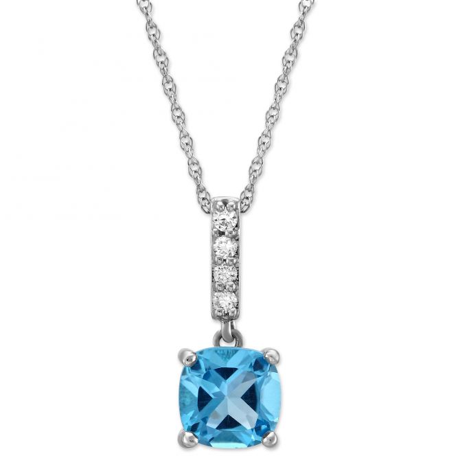 14K White Gold Cushion Blue Topaz & Diamond Pendant, 18"