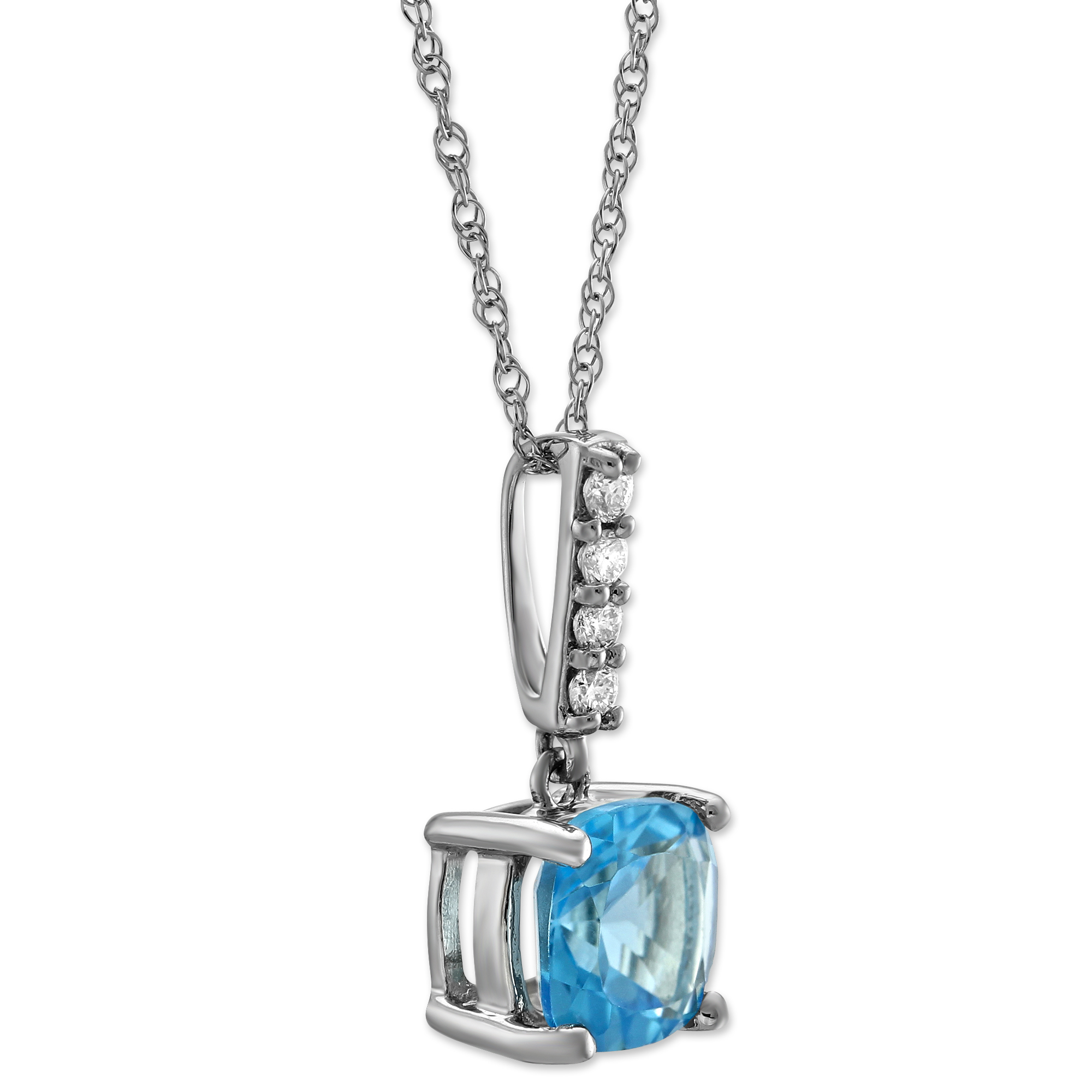 14K White Gold Cushion Blue Topaz & Diamond Pendant, 18