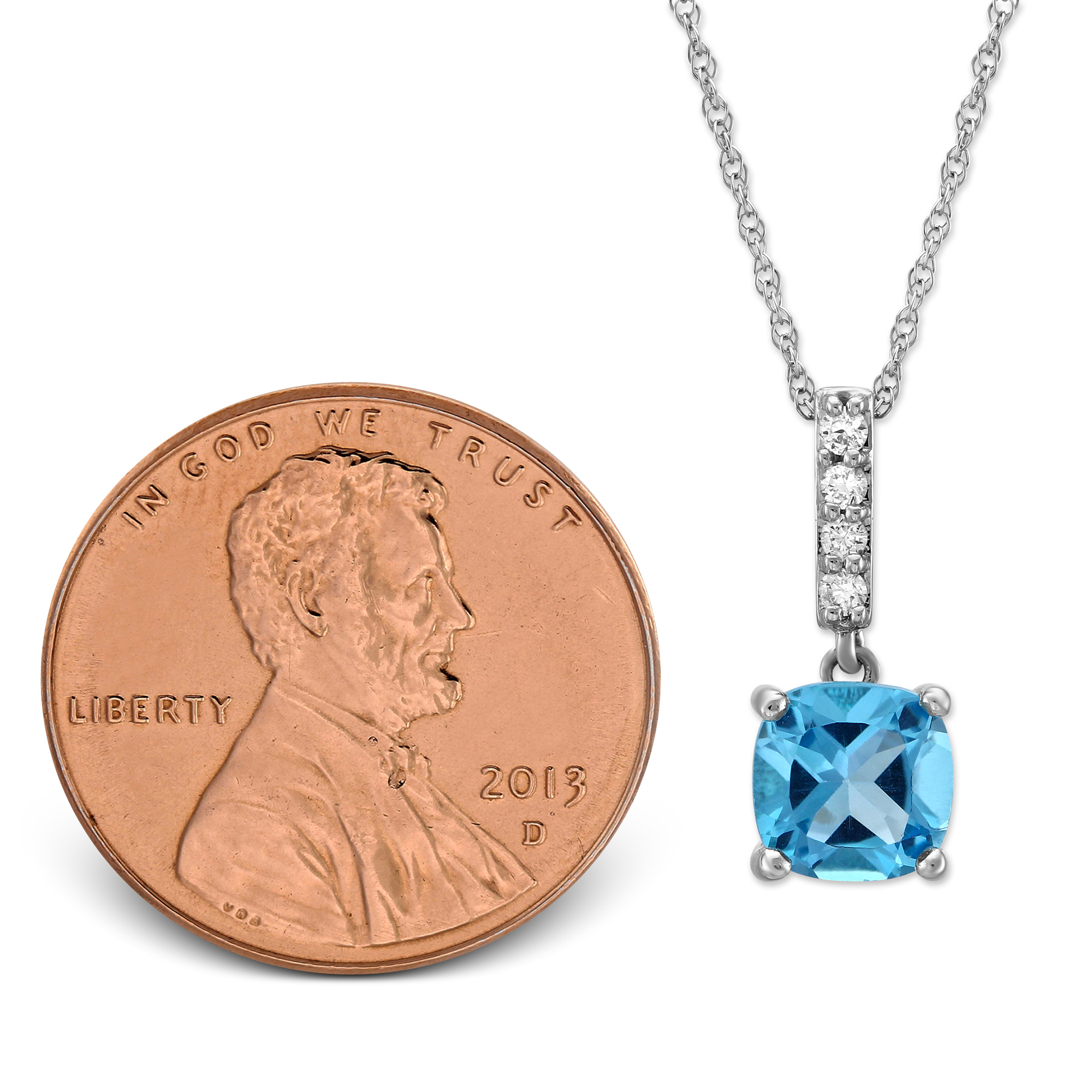 14K White Gold Cushion Blue Topaz & Diamond Pendant, 18