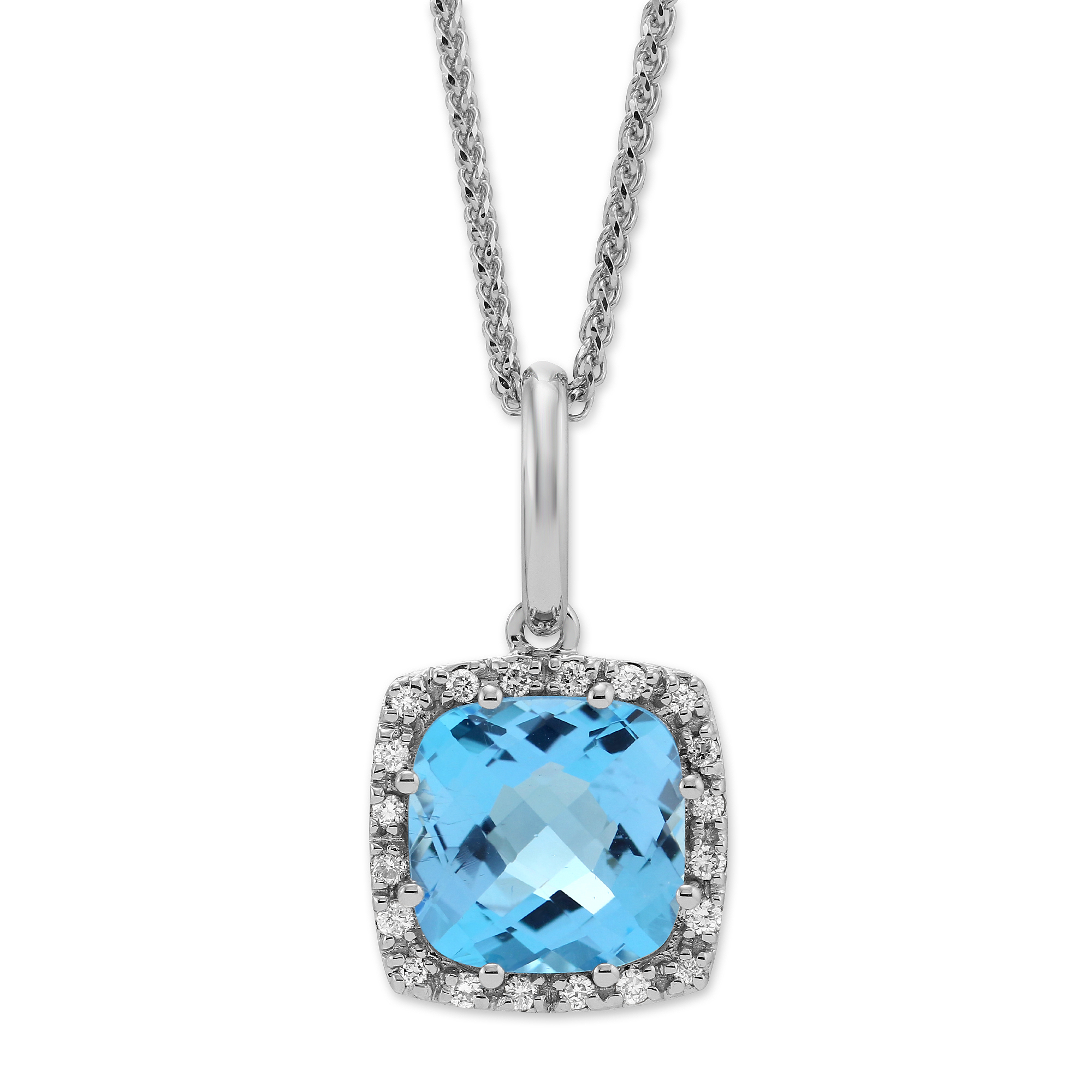 14K White Gold Cushion Blue Topaz & Diamond Frame Pendant, 18