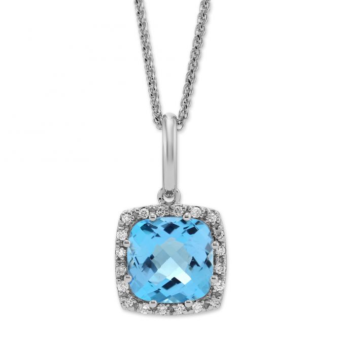 14K White Gold Cushion Blue Topaz & Diamond Frame Pendant, 18"
