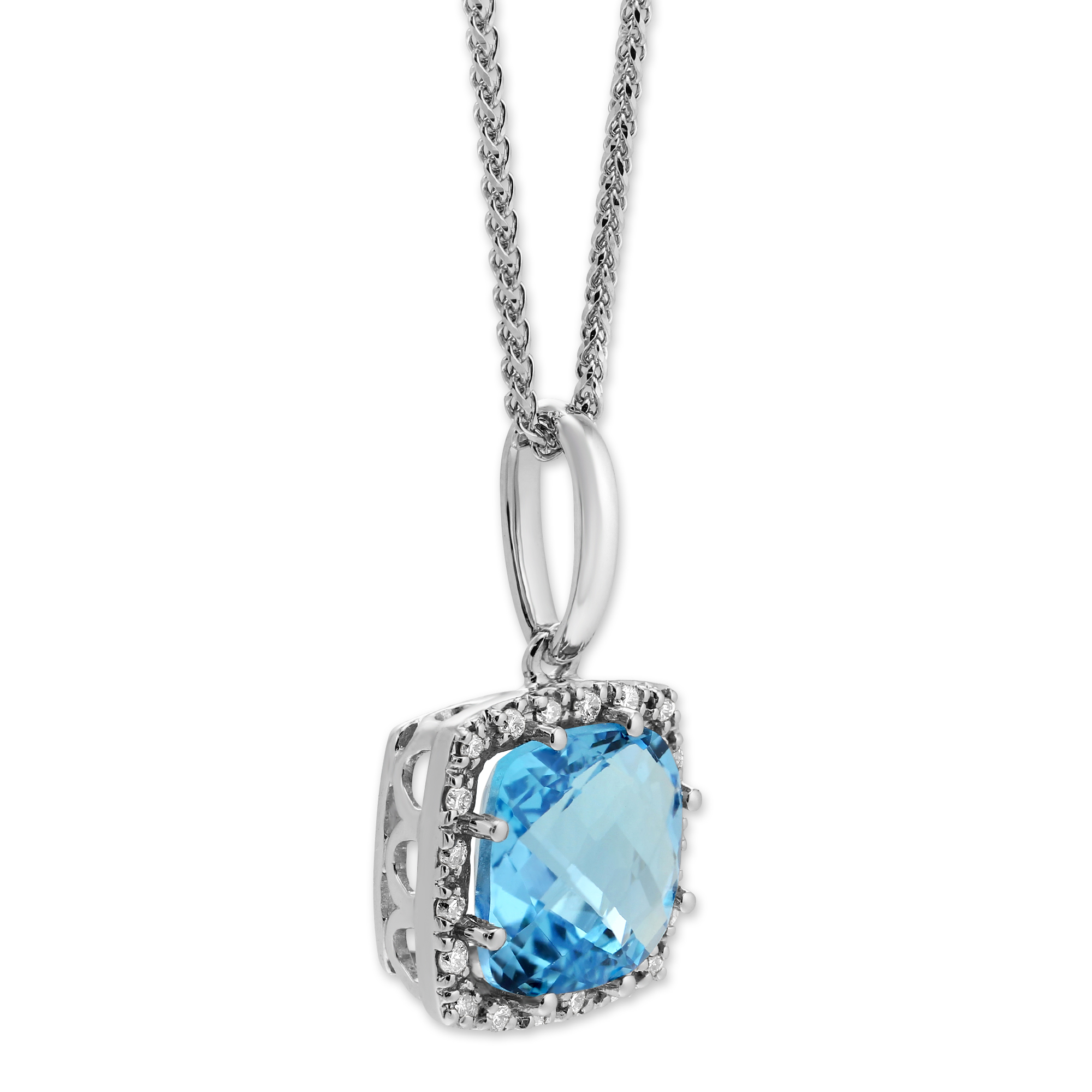 14K White Gold Cushion Blue Topaz & Diamond Frame Pendant, 18