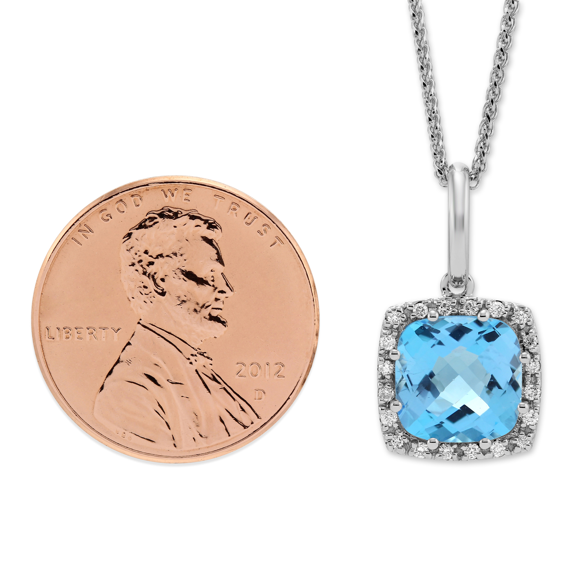 14K White Gold Cushion Blue Topaz & Diamond Frame Pendant, 18