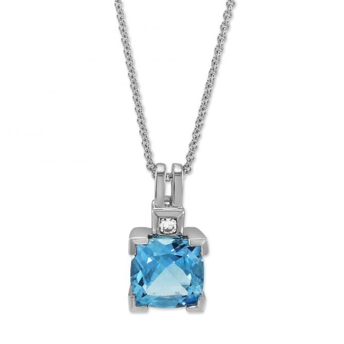 14K White Gold Cushion Blue Topaz & Diamond Pendant, 16-18"