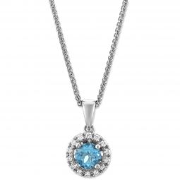 14K White Gold Blue Topaz & Diamond Halo Pendant, 18"