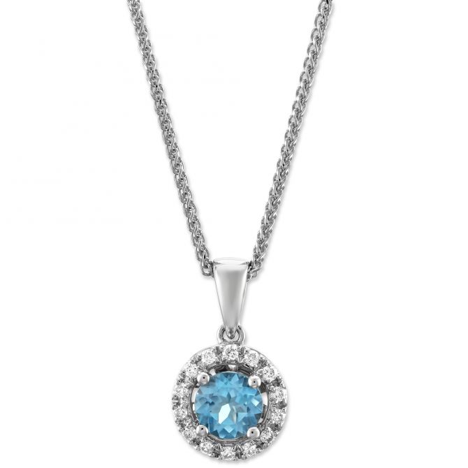 14K White Gold Blue Topaz & Diamond Halo Pendant, 18"