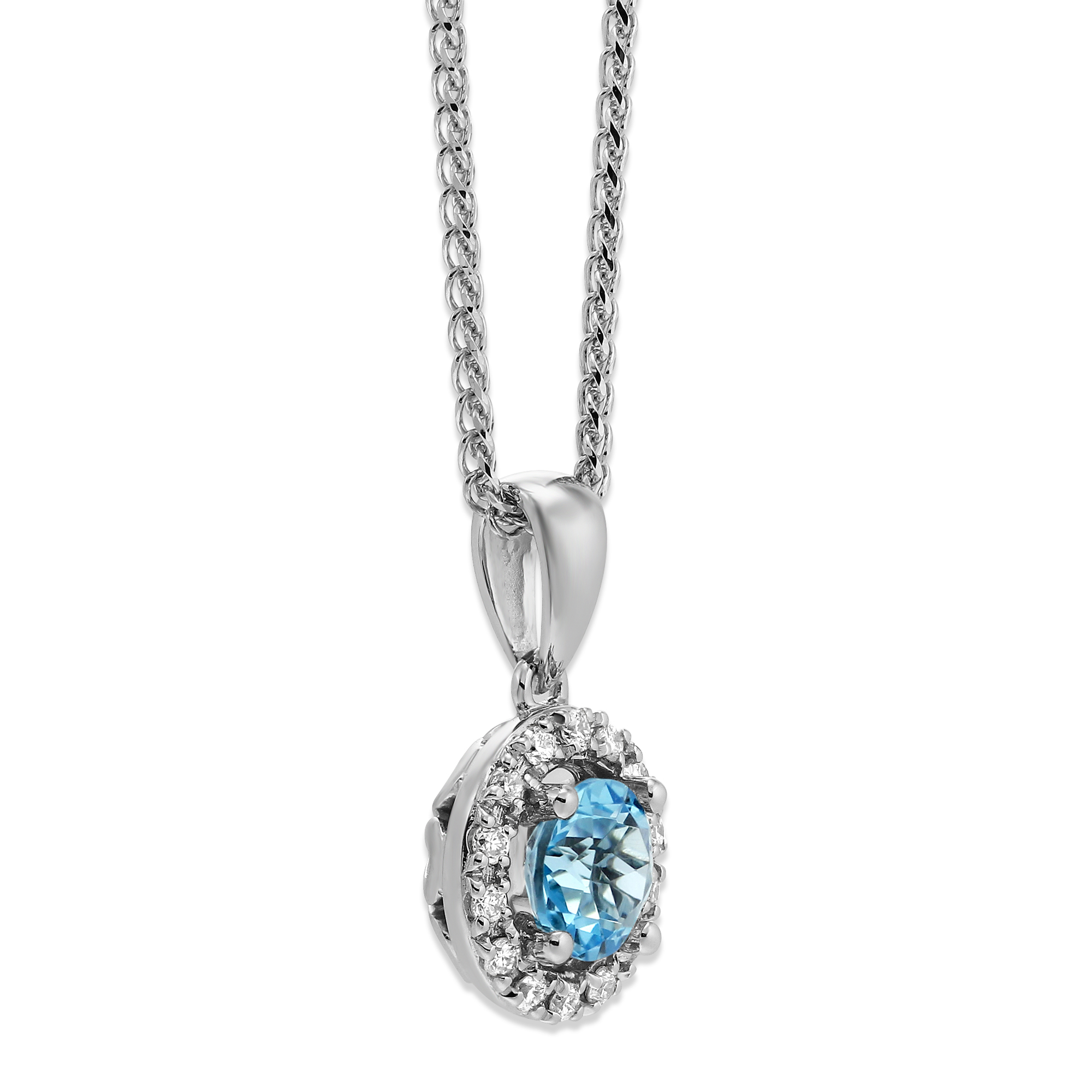 14K White Gold Blue Topaz & Diamond Halo Pendant, 18