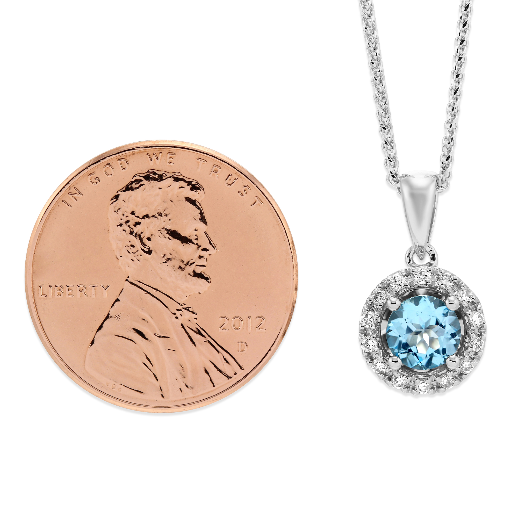 14K White Gold Blue Topaz & Diamond Halo Pendant, 18