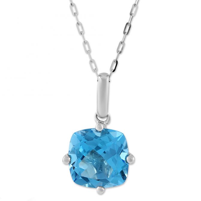 14K White Gold Cushion Blue Topaz Pendant, 18"