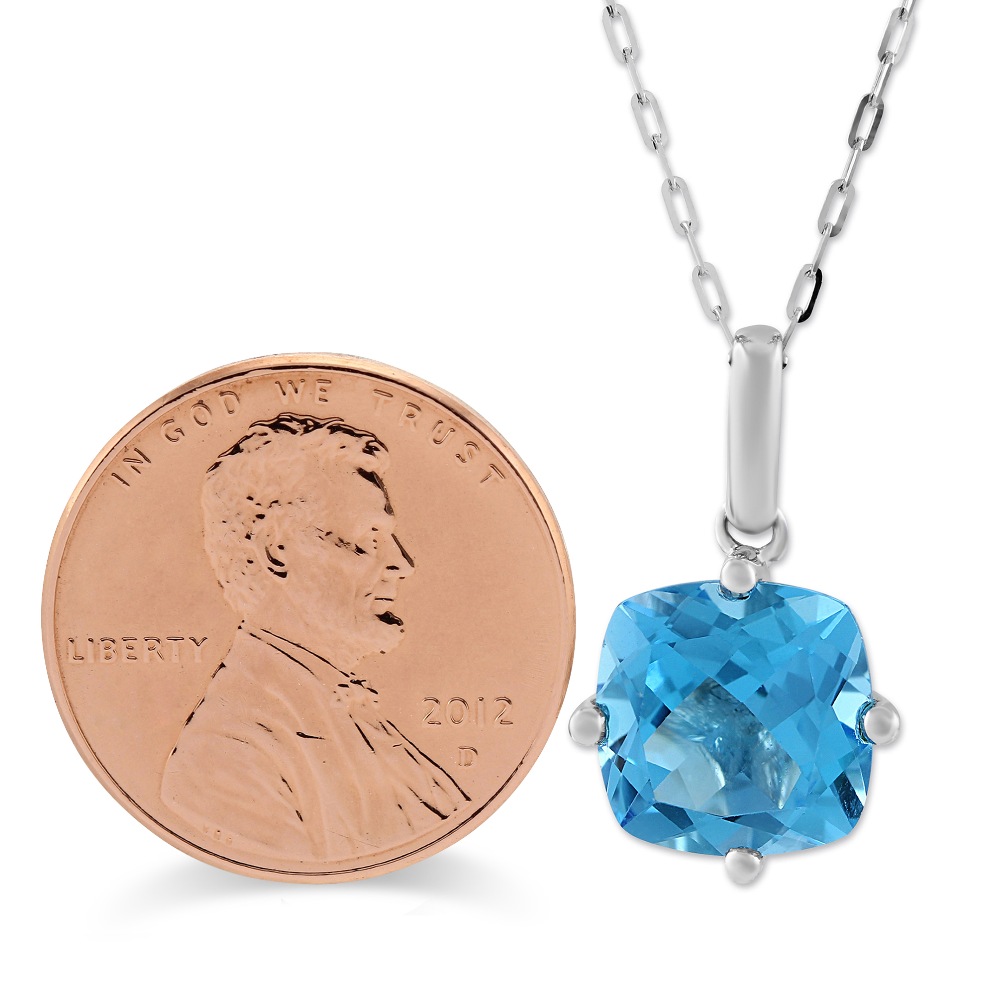 14K White Gold Cushion Blue Topaz Pendant, 18