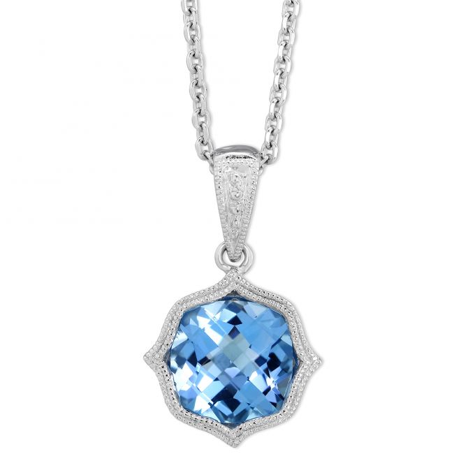 14K White Gold Blue Topaz Pendant with Double Milgrain Pendant, 18"
