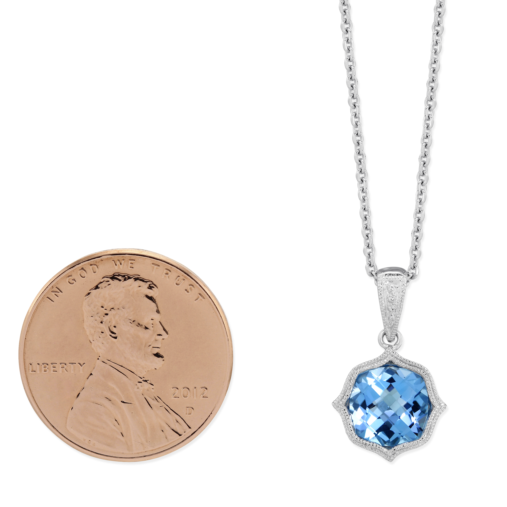 14K White Gold Blue Topaz Pendant with Double Milgrain Pendant, 18