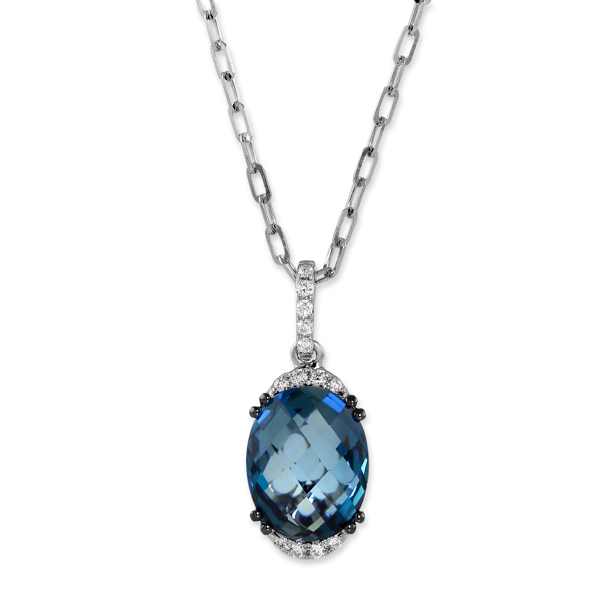 Oval Blue Topaz & Diamond Pendant in White Gold, 18