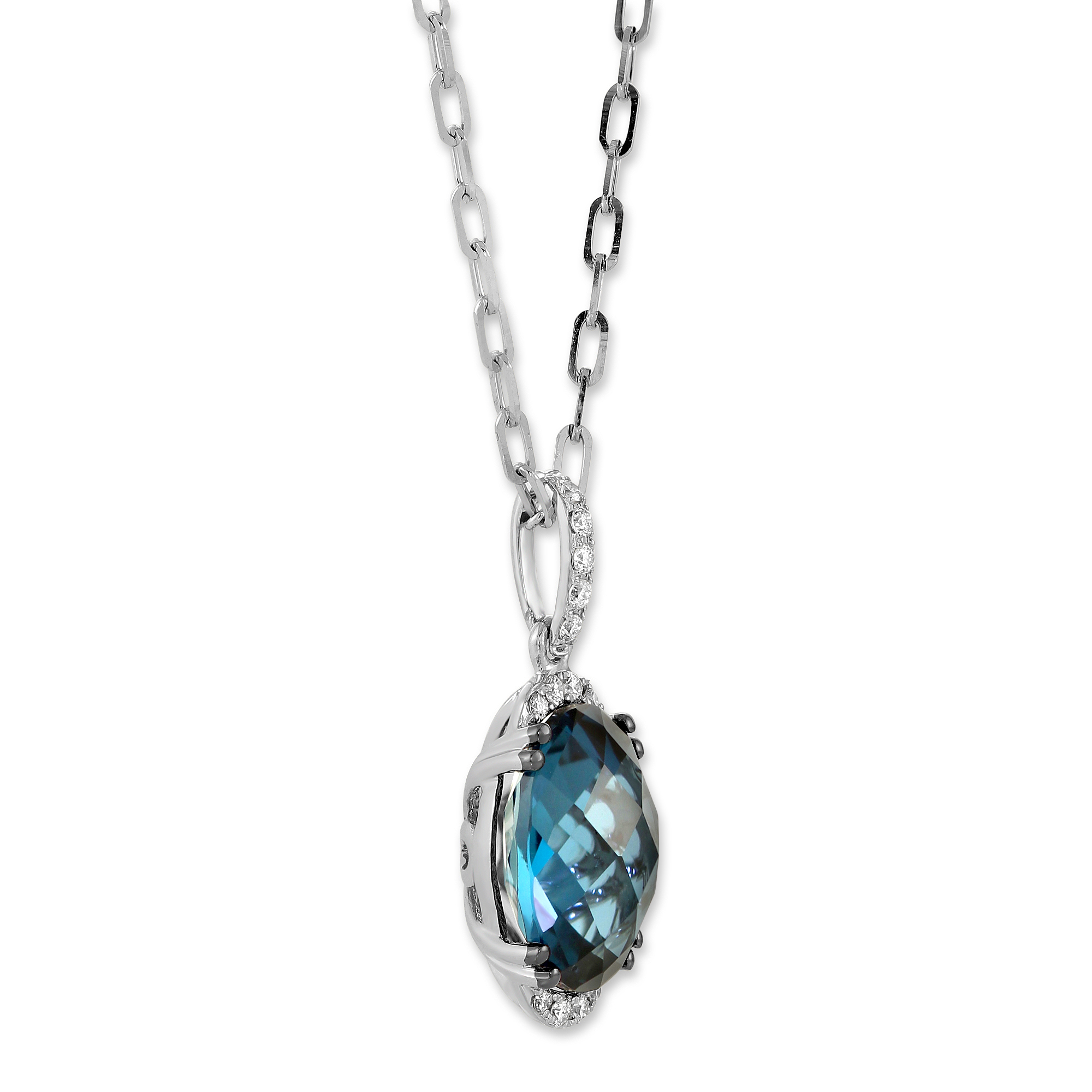 Oval Blue Topaz & Diamond Pendant in White Gold, 18