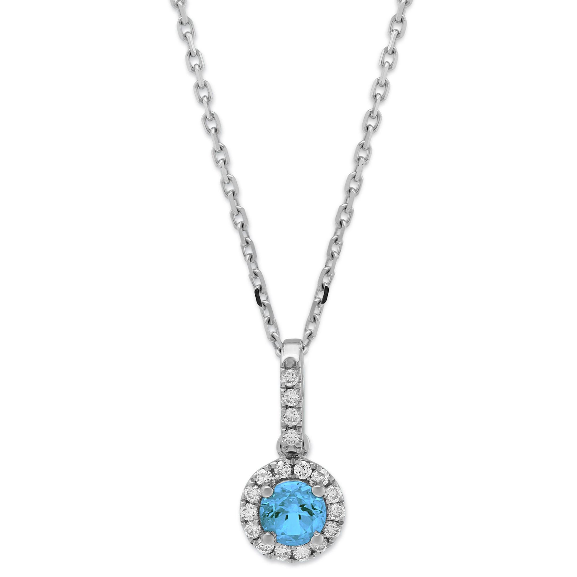 14K White Gold Blue Topaz & Diamond Halo Pendant, 18