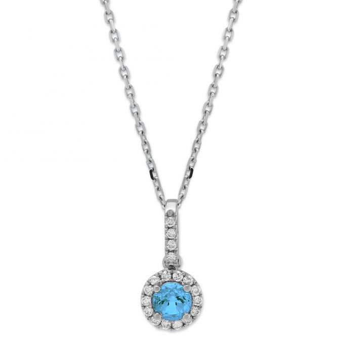 14K White Gold Blue Topaz & Diamond Halo Pendant, 18"
