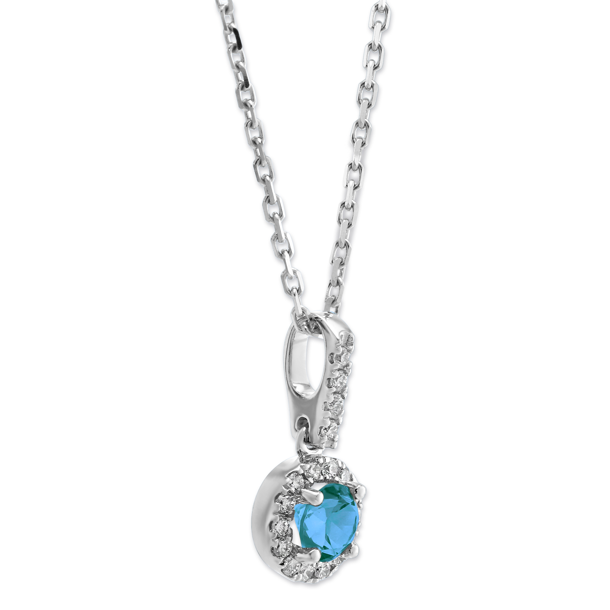 14K White Gold Blue Topaz & Diamond Halo Pendant, 18