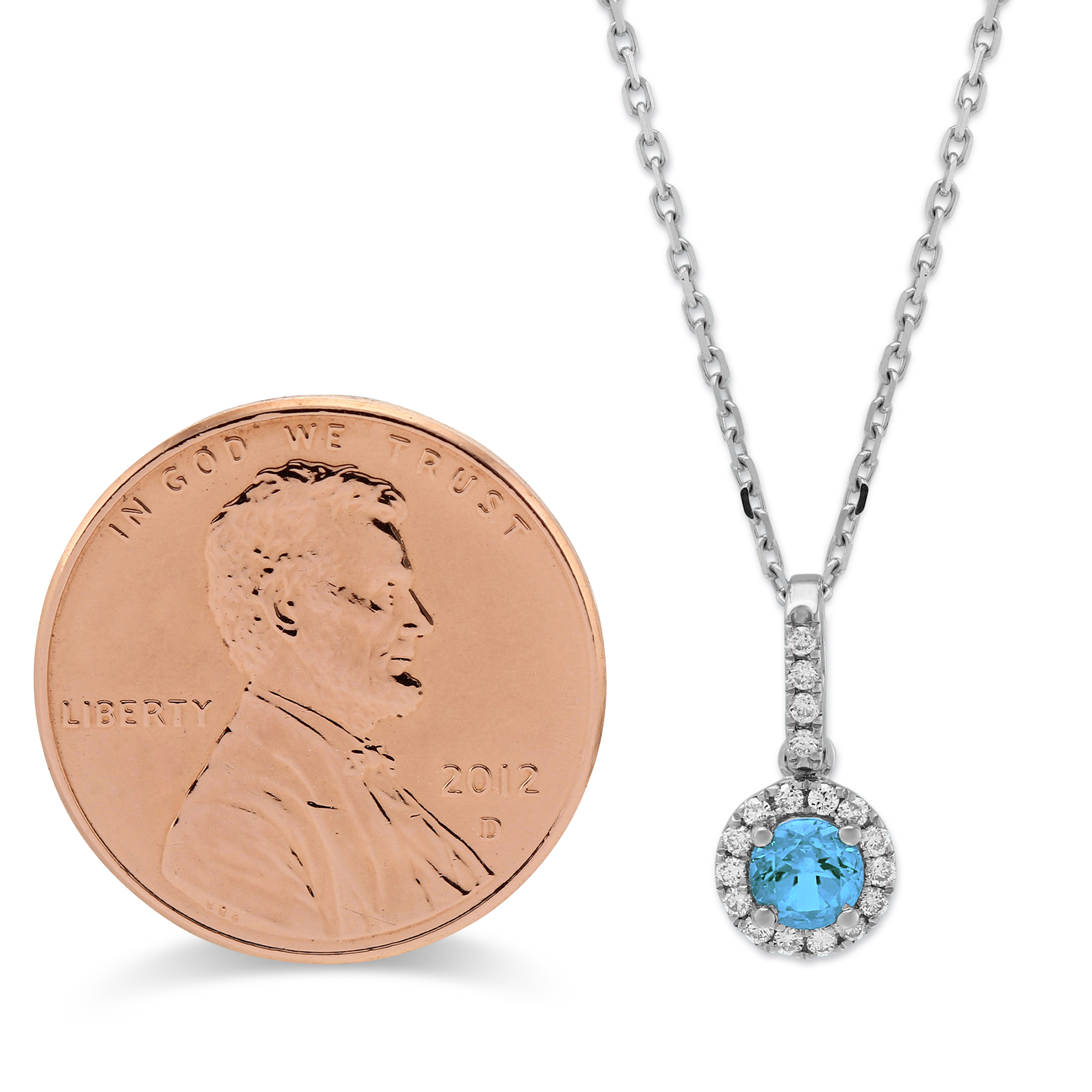 14K White Gold Blue Topaz & Diamond Halo Pendant, 18