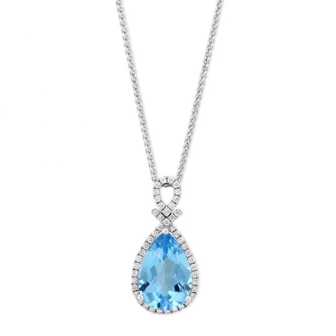 14K White Gold Pear Shaped Checkboard Blue Topaz & Diamond Halo Pendant, 18"