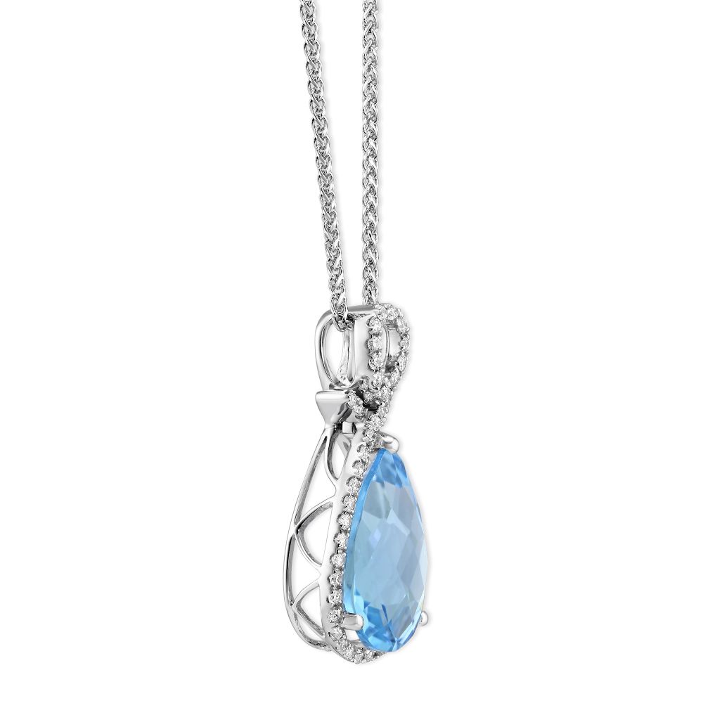 14K White Gold Pear Shaped Checkboard Blue Topaz & Diamond Halo Pendant, 18