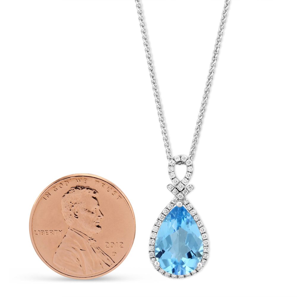 14K White Gold Pear Shaped Checkboard Blue Topaz & Diamond Halo Pendant, 18