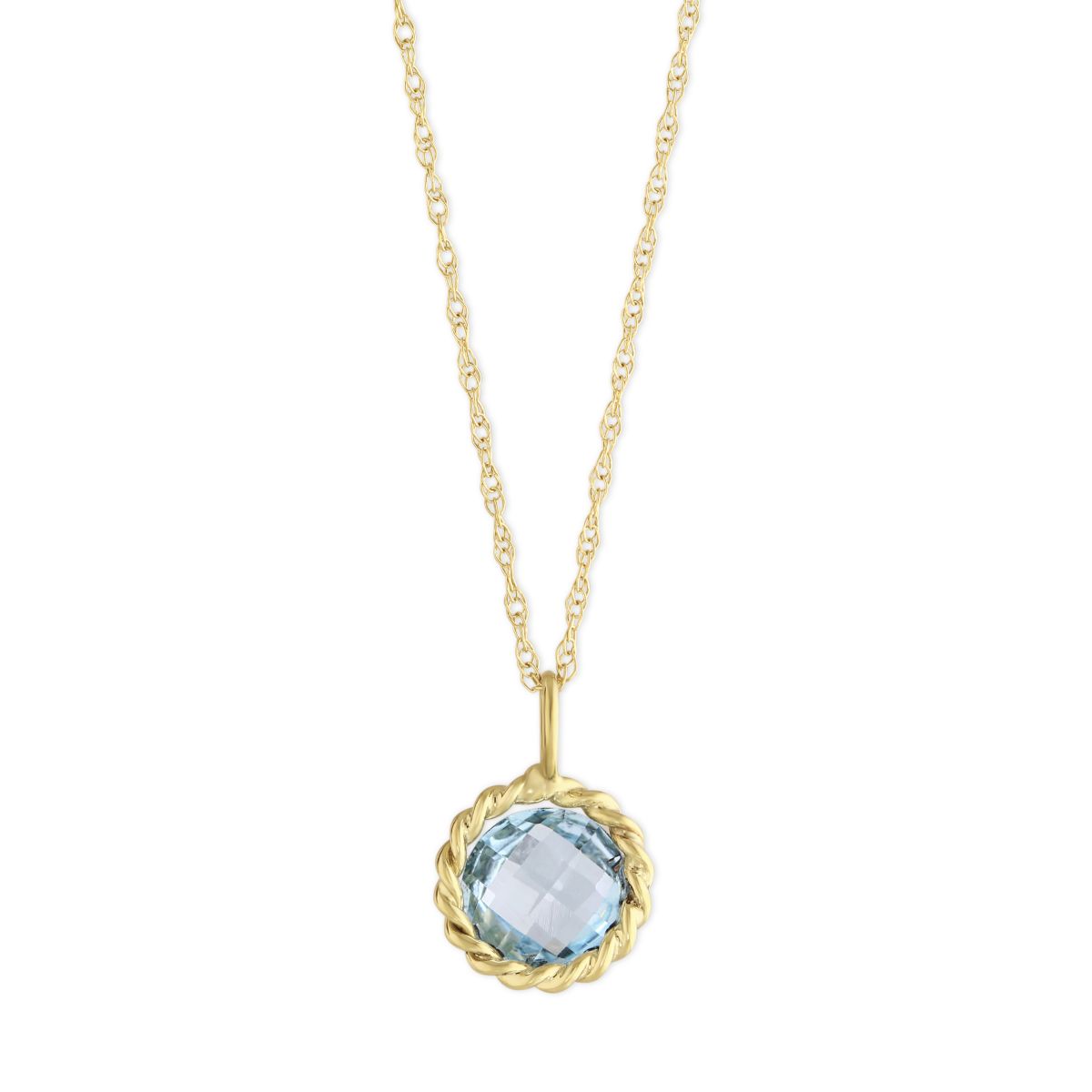 14K Yellow Gold Round Checkerboard Blue Topaz Twisted Bezel Pendant, 18
