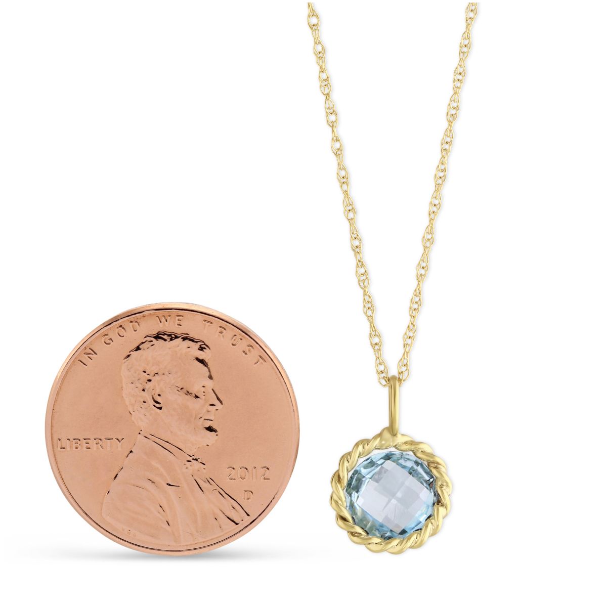 14K Yellow Gold Round Checkerboard Blue Topaz Twisted Bezel Pendant, 18