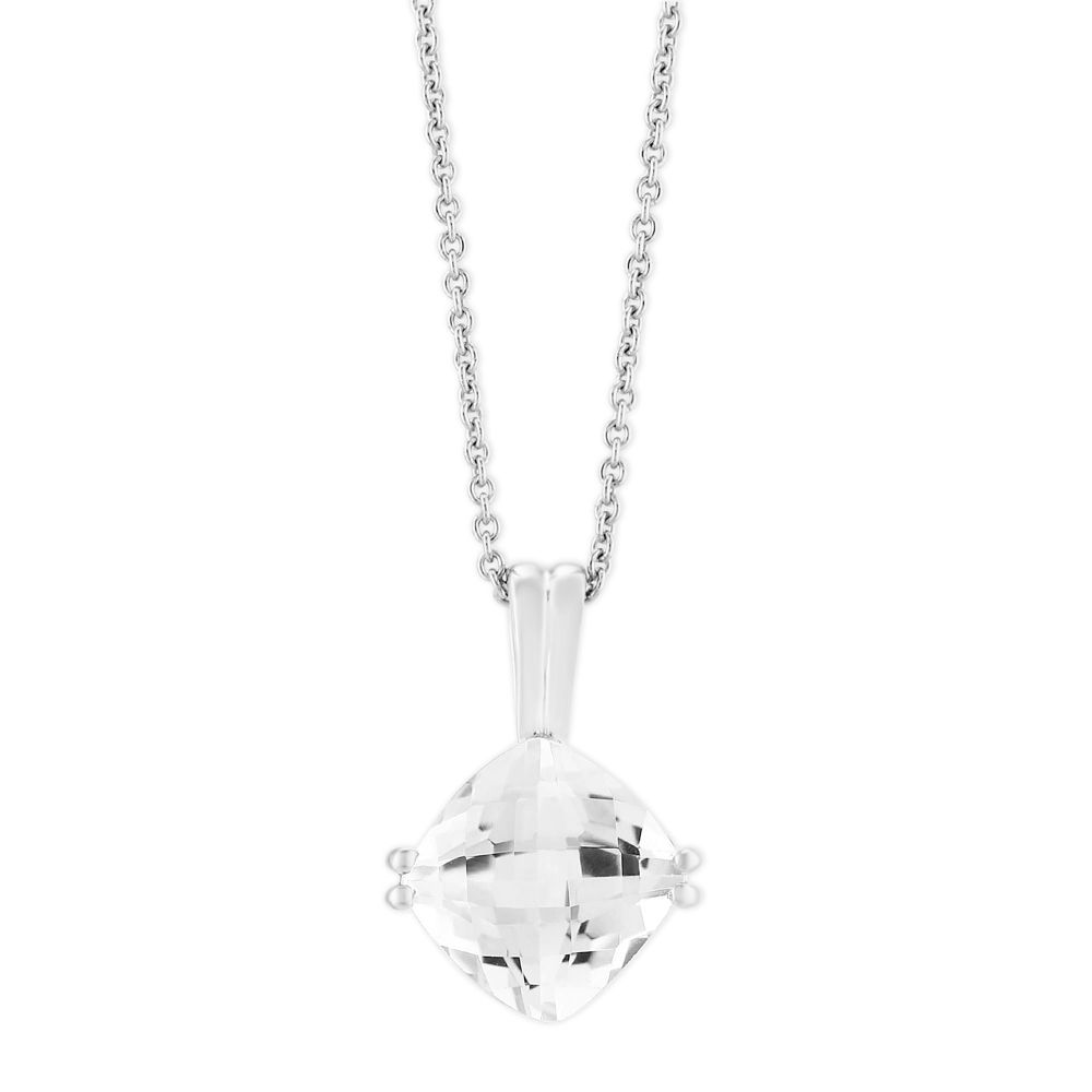14K White Gold Checkerboard Cushion White Topaz Pendant, 18