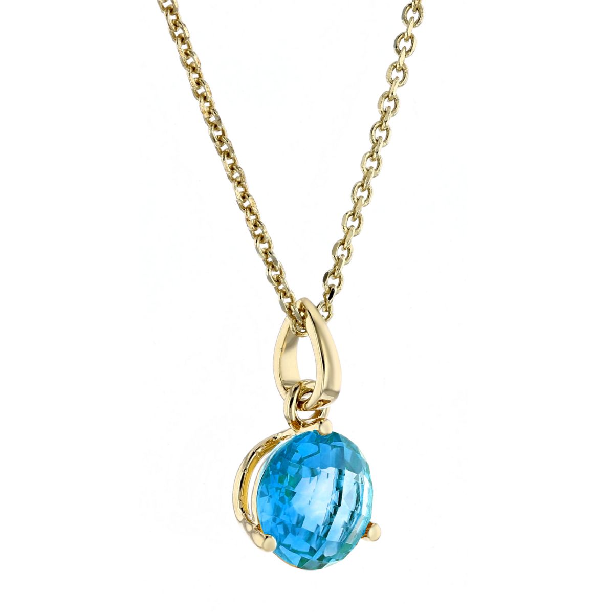 14K Yellow Gold Round Blue Topaz Solitaire Pendant, 18