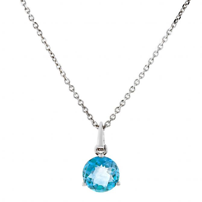 14K White Gold Round Blue Topaz Solitaire Pendant, 18"