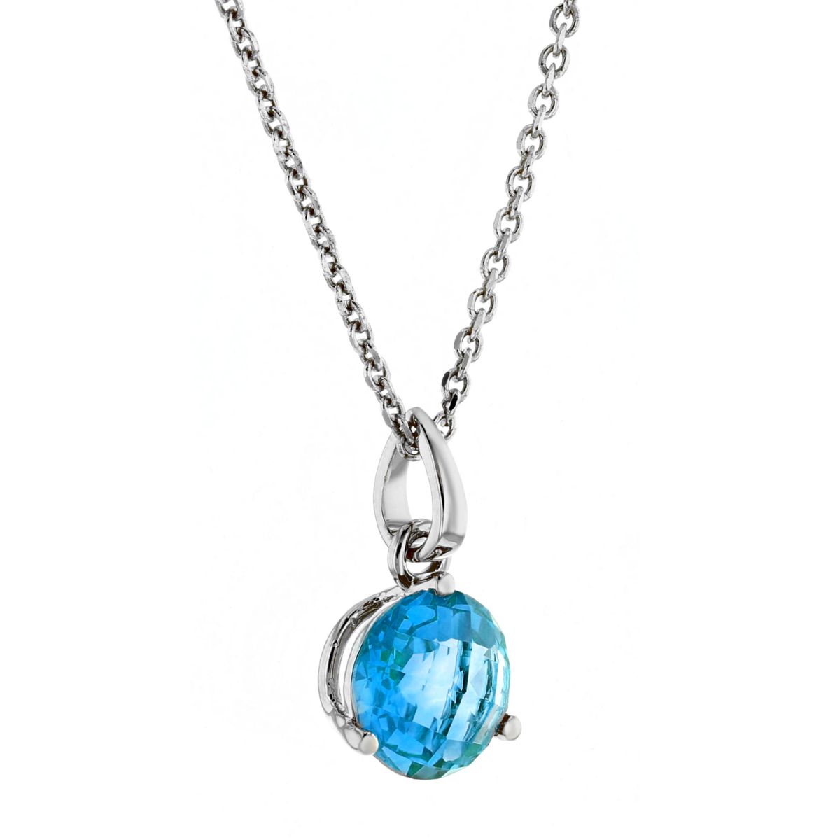 14K White Gold Round Blue Topaz Solitaire Pendant, 18