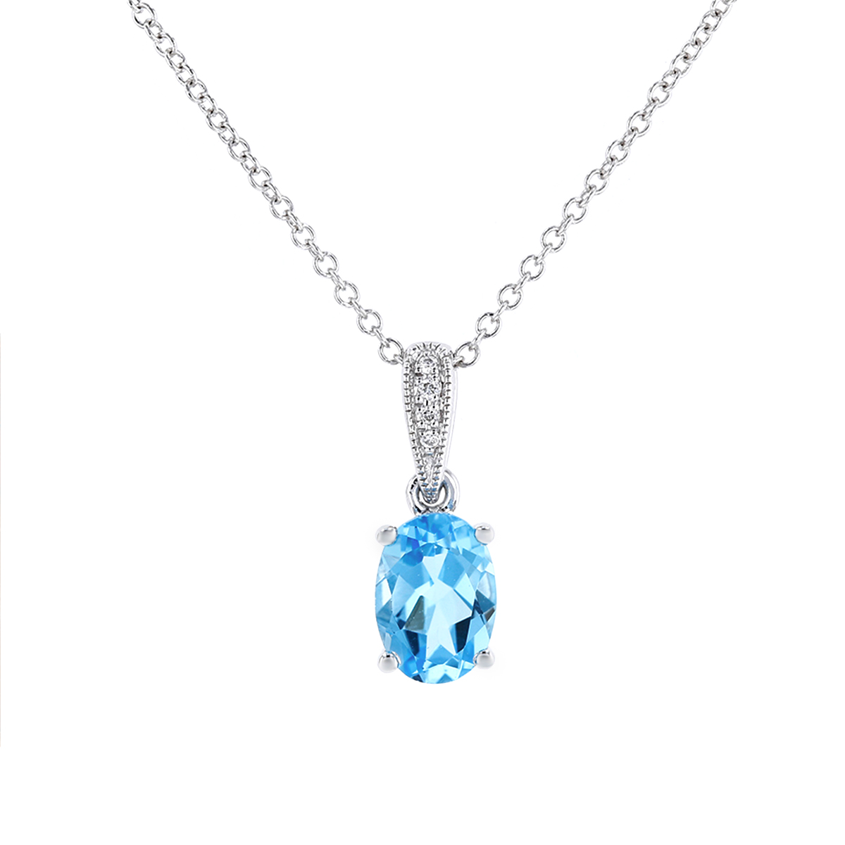 14K White Gold Oval Blue Topaz & Diamond Milgrain Pendant, 18