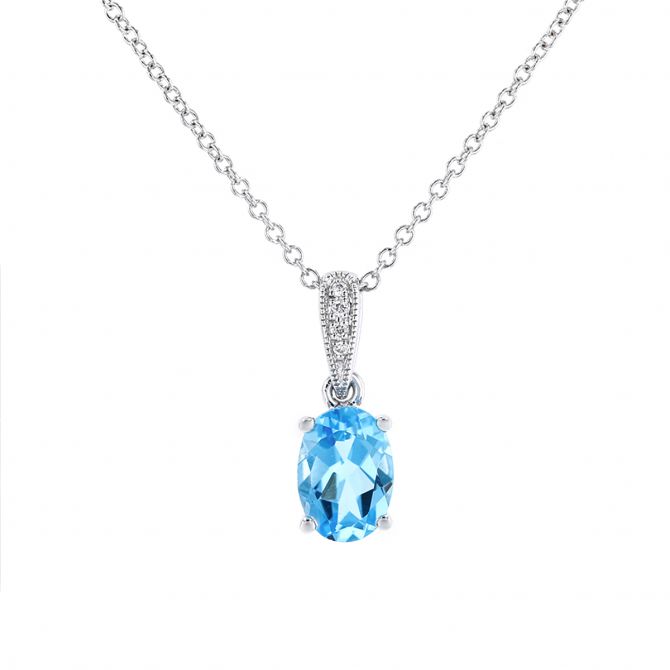 14K White Gold Oval Blue Topaz & Diamond Milgrain Pendant, 18"