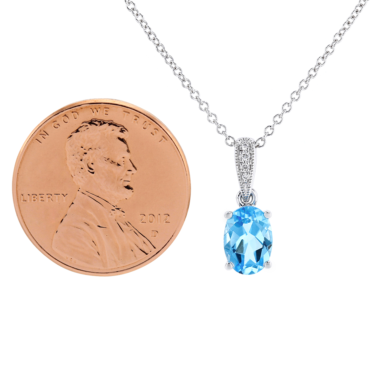 14K White Gold Oval Blue Topaz & Diamond Milgrain Pendant, 18