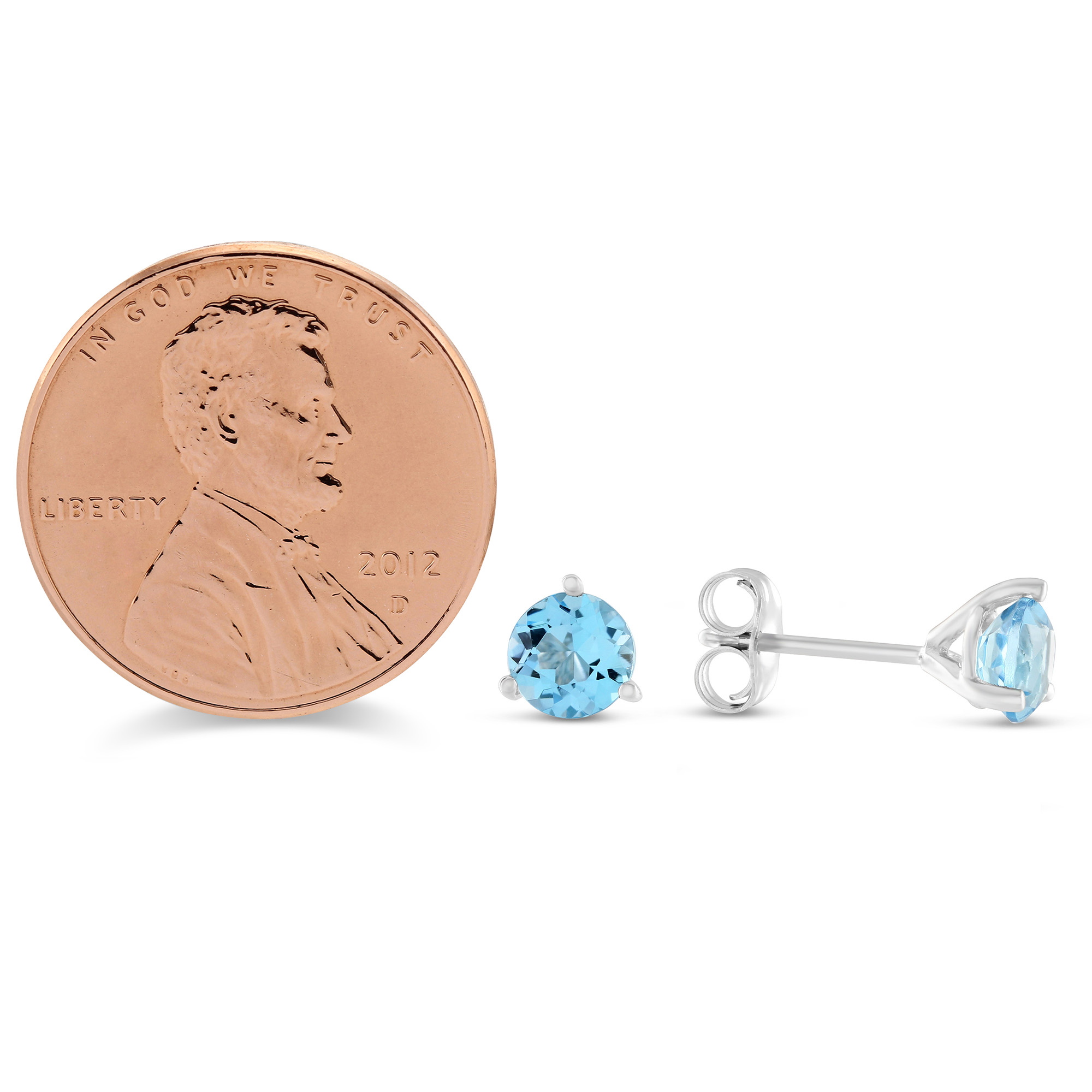 14K White Gold Round Blue Topaz Stud Earrings, 5mm