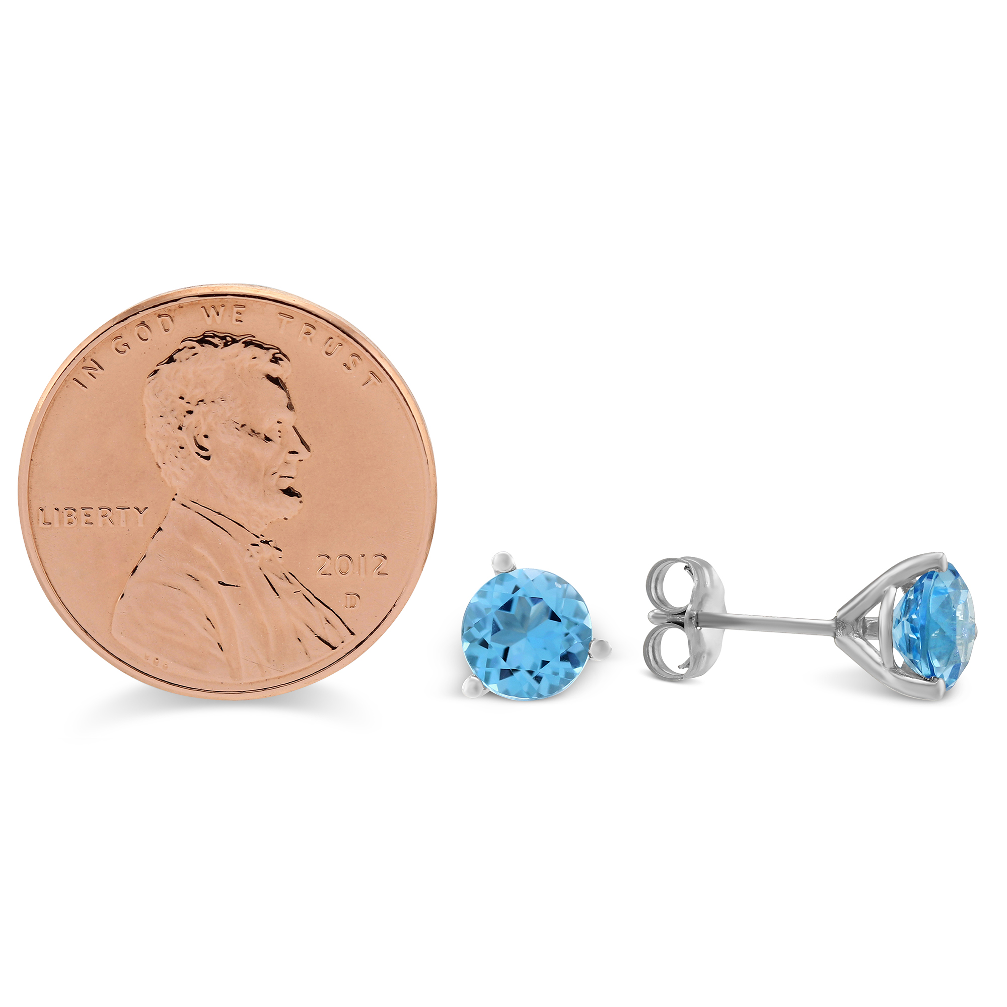 14K White Gold Round Blue Topaz Stud Earrings, 6mm