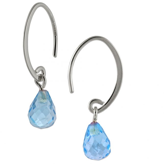 14K White Gold Blue Topaz Briolette Simple Sweep Drop Earrings