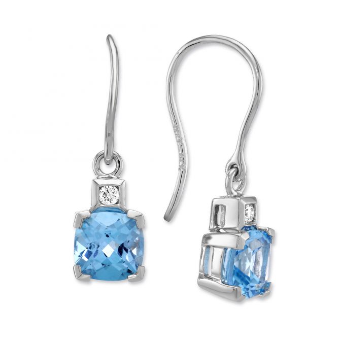 14K White Gold Cushion Blue Topaz & Diamond Drop Earrings