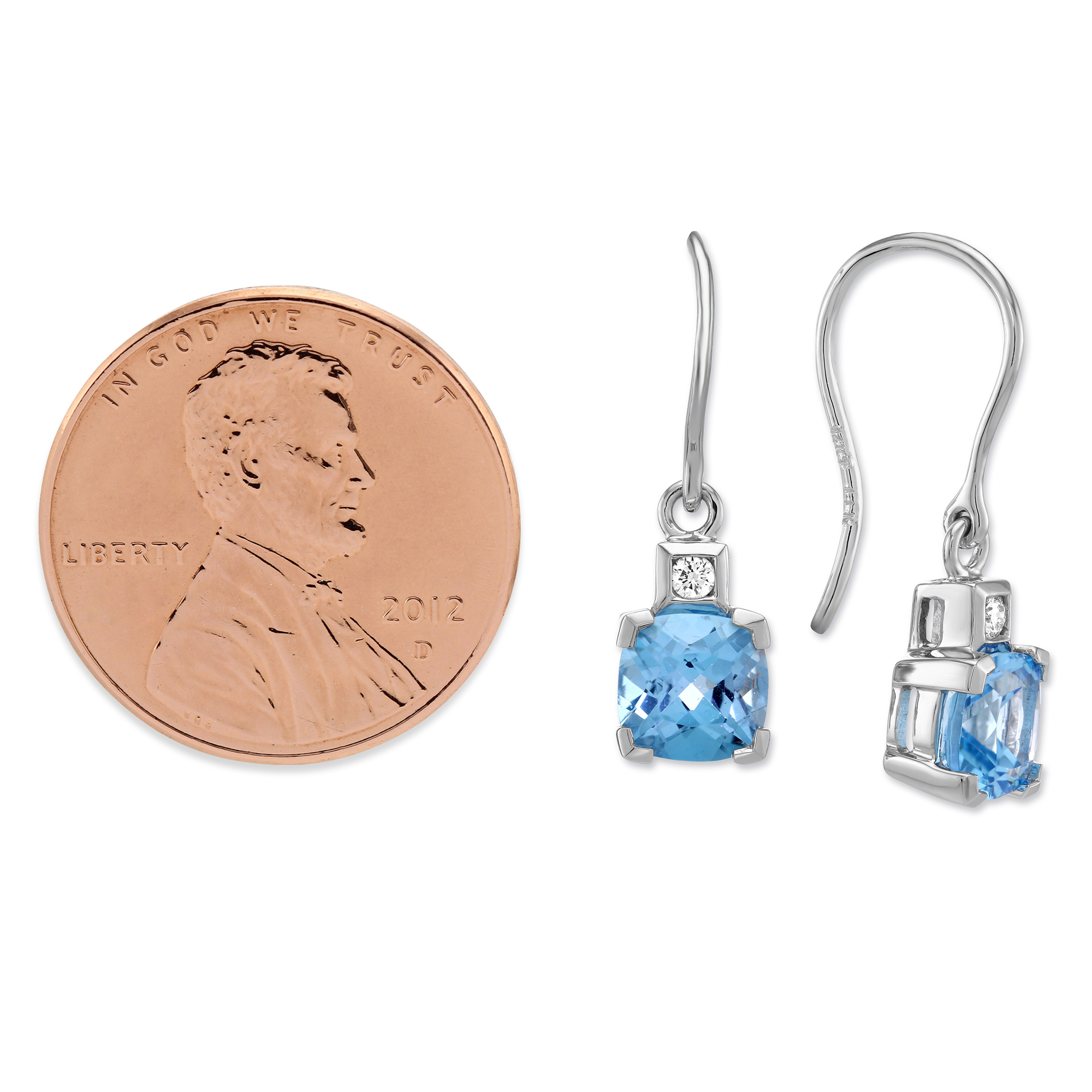 14K White Gold Cushion Blue Topaz & Diamond Drop Earrings