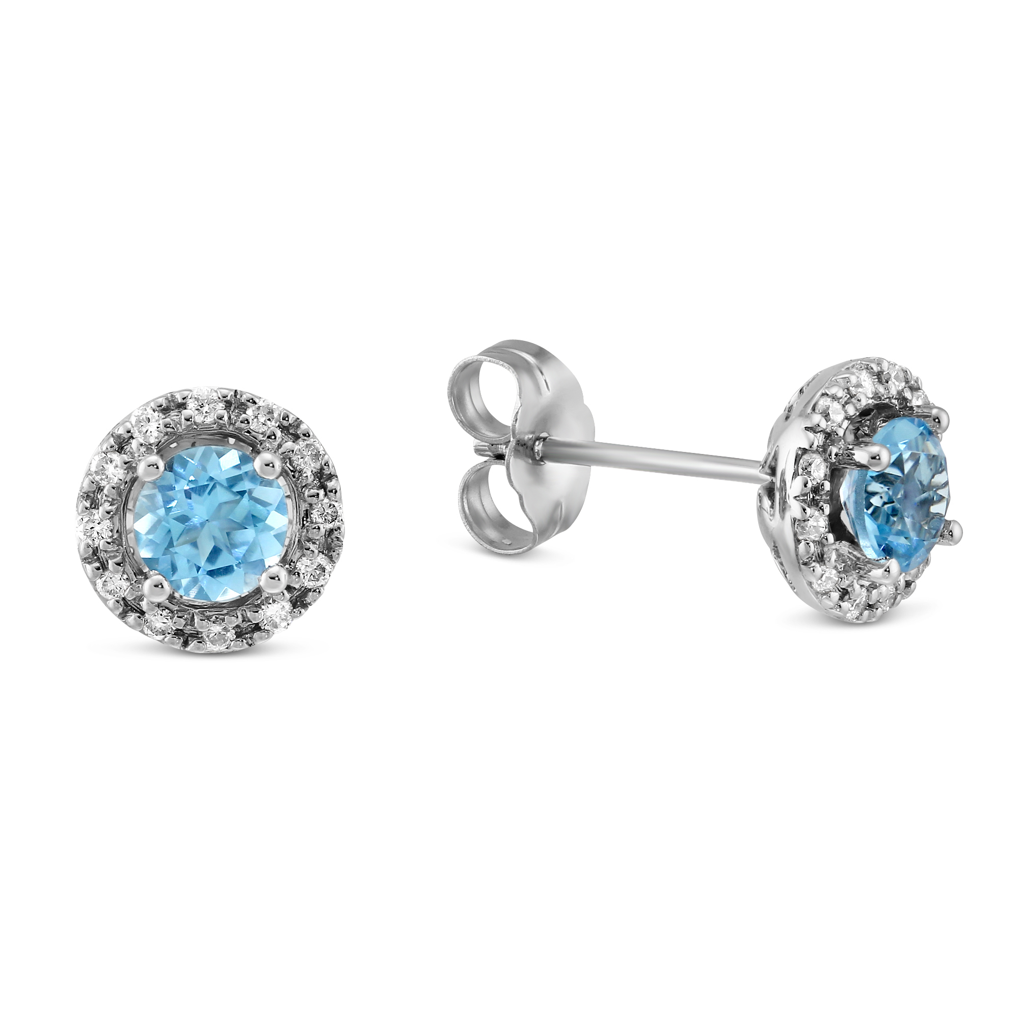 14K White Gold Round Blue Topaz and Round Diamond Halo Earrings