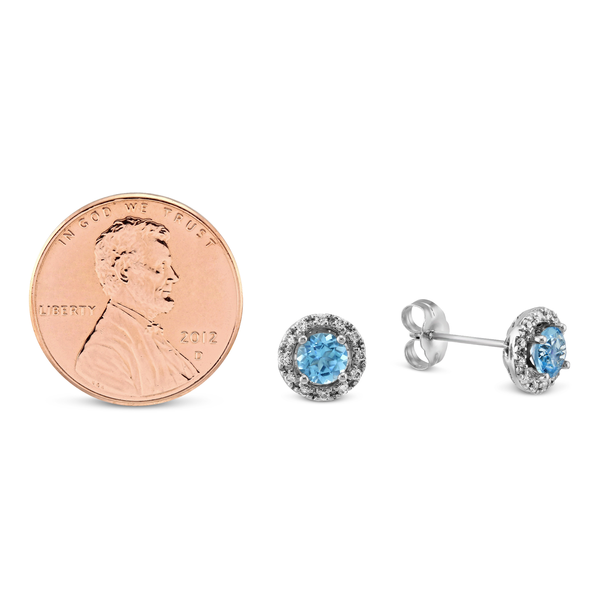 14K White Gold Round Blue Topaz and Round Diamond Halo Earrings