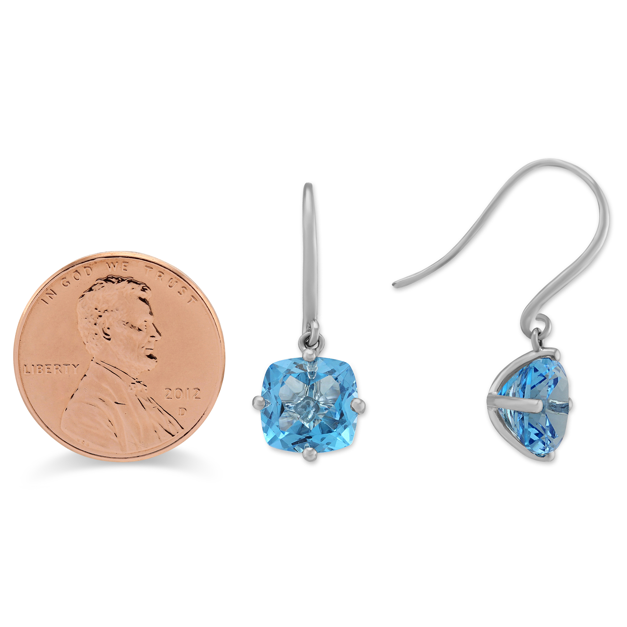 14K White Gold Cushion Blue Topaz Dangle Earrings