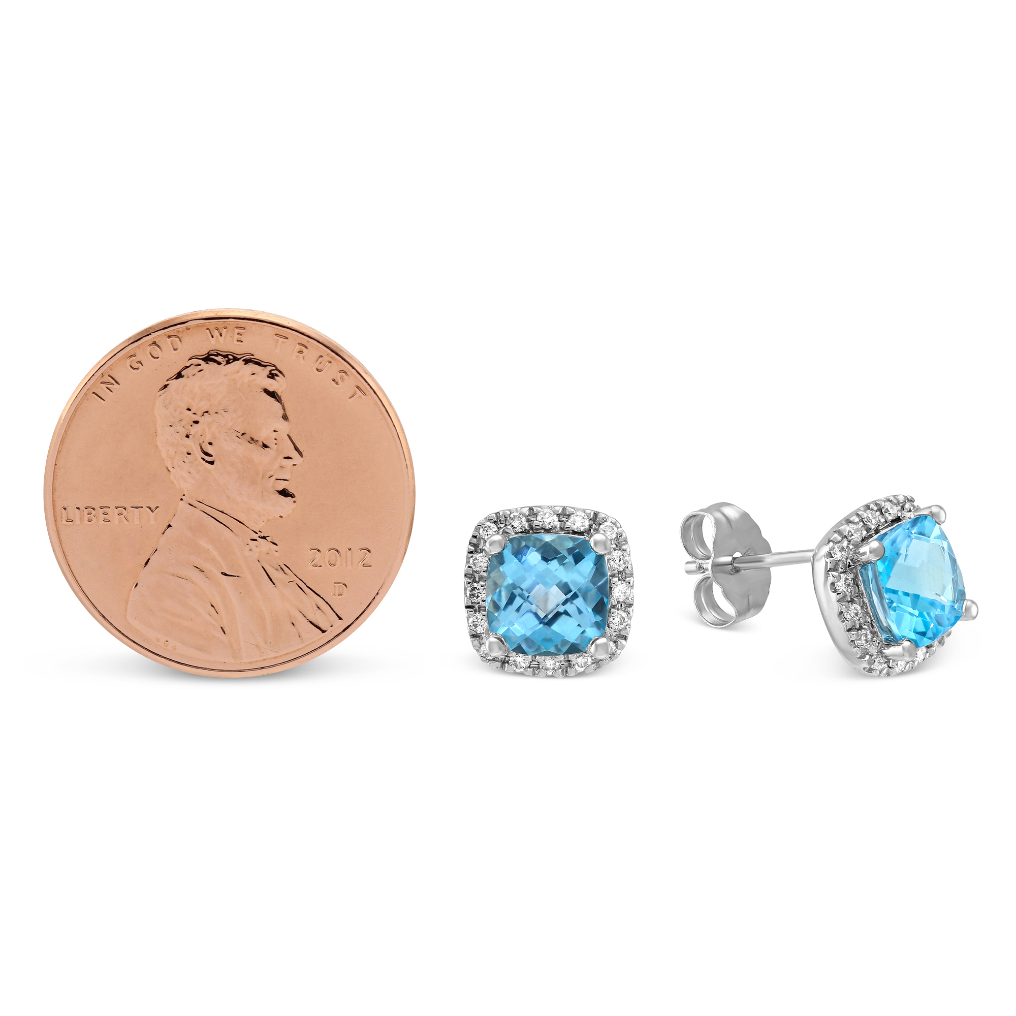 14K White Gold Checkerboard Cushion Blue Topaz and Round Diamond Earrings